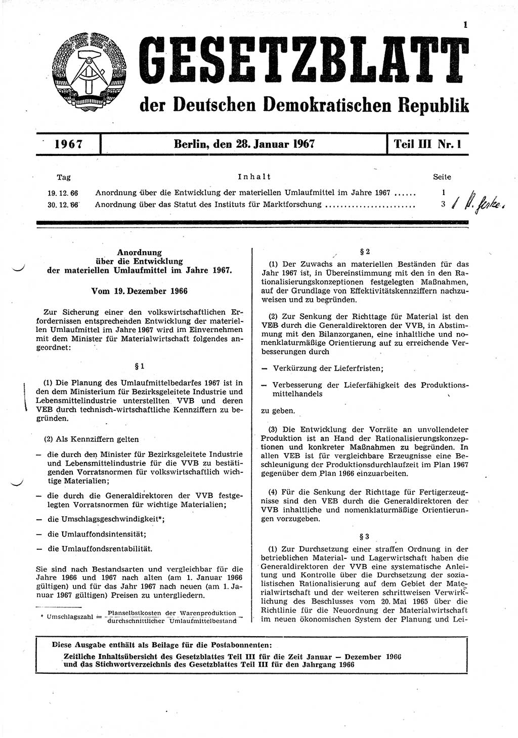 Gesetzblatt (GBl.) der Deutschen Demokratischen Republik (DDR) Teil ⅠⅠⅠ 1967, Seite 1 (GBl. DDR ⅠⅠⅠ 1967, S. 1)