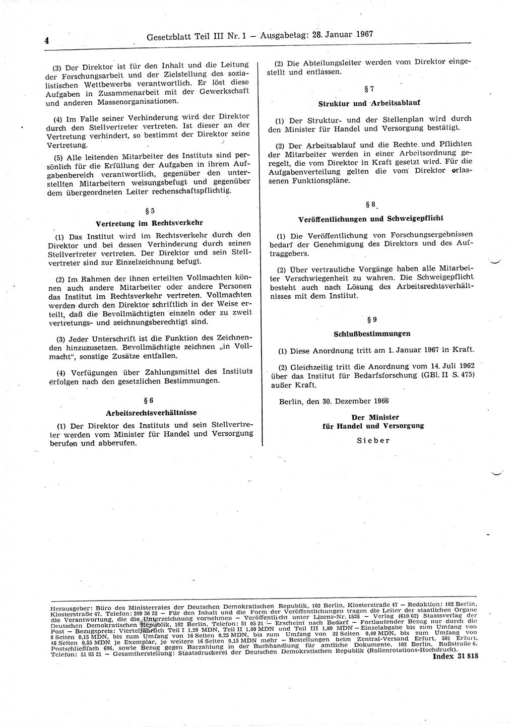 Gesetzblatt (GBl.) der Deutschen Demokratischen Republik (DDR) Teil ⅠⅠⅠ 1967, Seite 4 (GBl. DDR ⅠⅠⅠ 1967, S. 4)