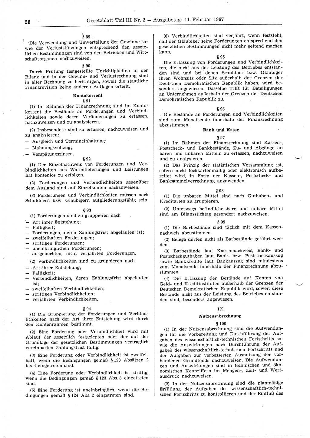 Gesetzblatt (GBl.) der Deutschen Demokratischen Republik (DDR) Teil ⅠⅠⅠ 1967, Seite 20 (GBl. DDR ⅠⅠⅠ 1967, S. 20)