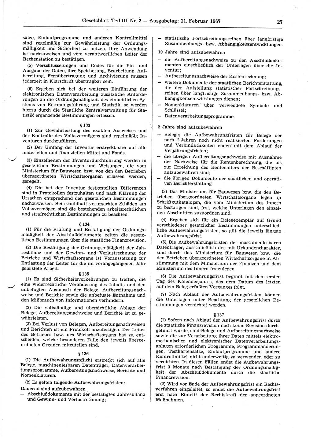 Gesetzblatt (GBl.) der Deutschen Demokratischen Republik (DDR) Teil ⅠⅠⅠ 1967, Seite 27 (GBl. DDR ⅠⅠⅠ 1967, S. 27)