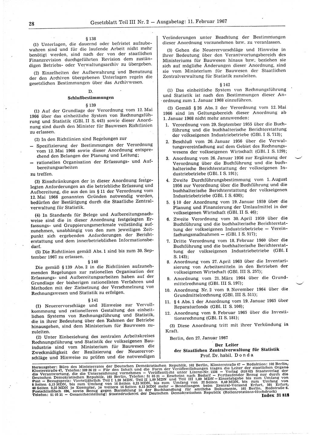 Gesetzblatt (GBl.) der Deutschen Demokratischen Republik (DDR) Teil ⅠⅠⅠ 1967, Seite 28 (GBl. DDR ⅠⅠⅠ 1967, S. 28)