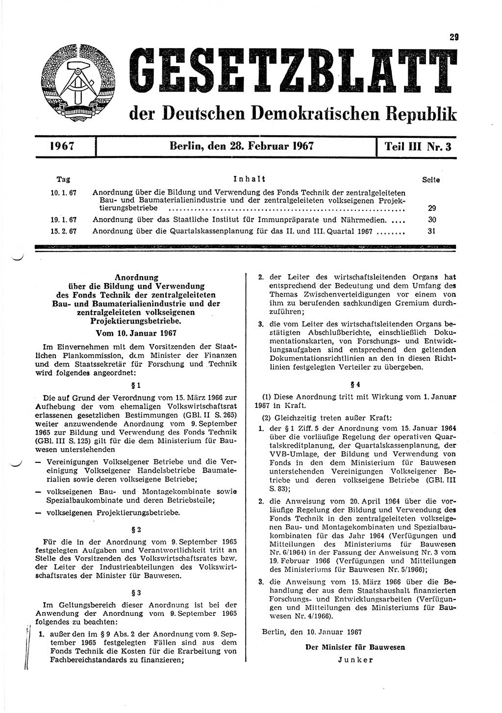 Gesetzblatt (GBl.) der Deutschen Demokratischen Republik (DDR) Teil ⅠⅠⅠ 1967, Seite 29 (GBl. DDR ⅠⅠⅠ 1967, S. 29)