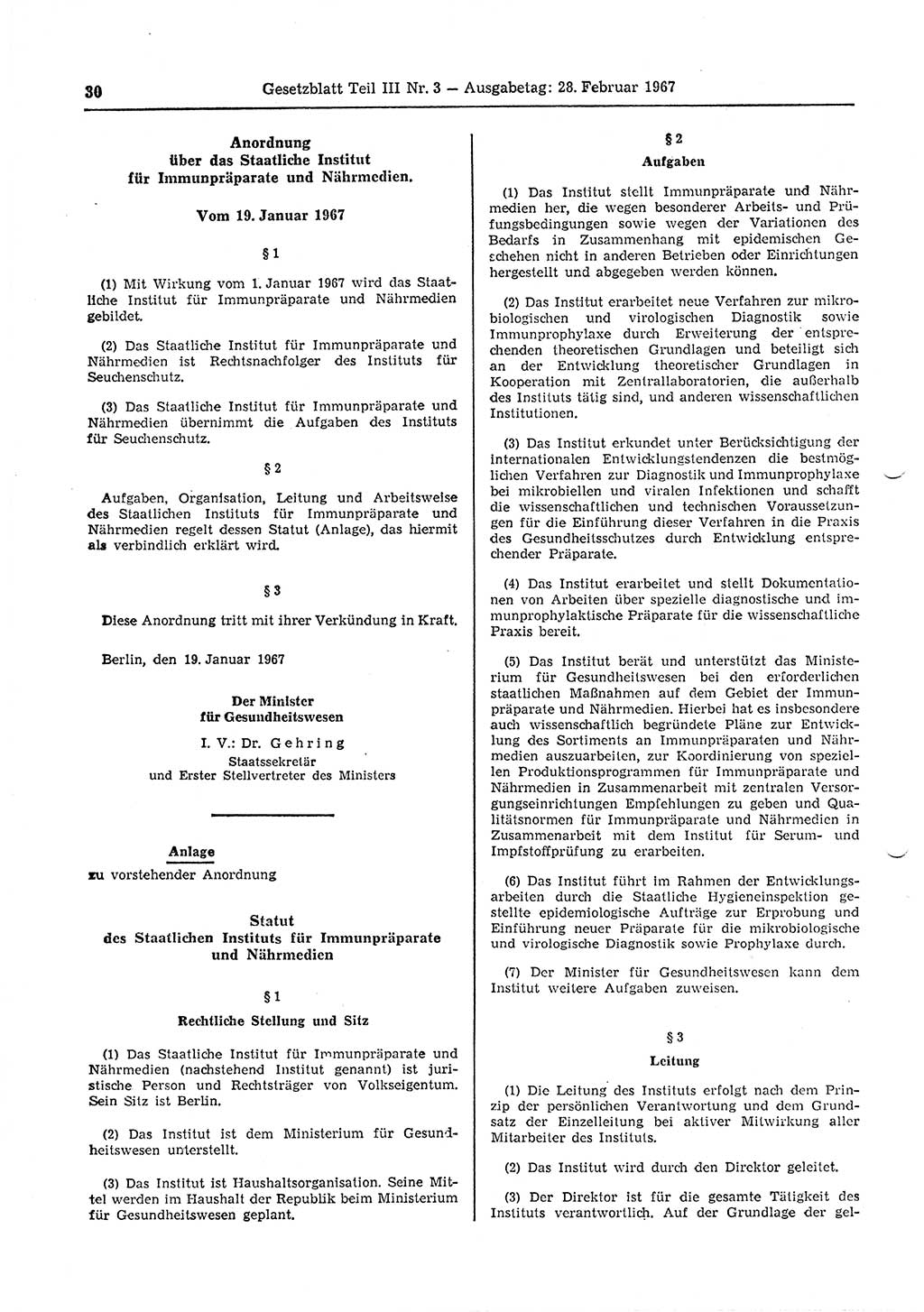 Gesetzblatt (GBl.) der Deutschen Demokratischen Republik (DDR) Teil ⅠⅠⅠ 1967, Seite 30 (GBl. DDR ⅠⅠⅠ 1967, S. 30)