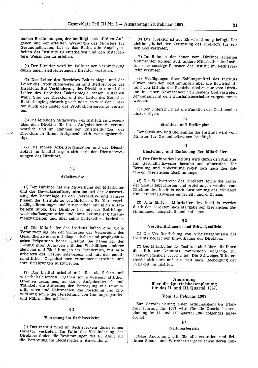 Gesetzblatt (GBl.) der Deutschen Demokratischen Republik (DDR) Teil ⅠⅠⅠ 1967, Seite 31 (GBl. DDR ⅠⅠⅠ 1967, S. 31)