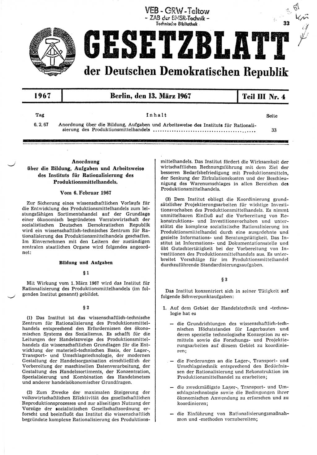 Gesetzblatt (GBl.) der Deutschen Demokratischen Republik (DDR) Teil ⅠⅠⅠ 1967, Seite 33 (GBl. DDR ⅠⅠⅠ 1967, S. 33)