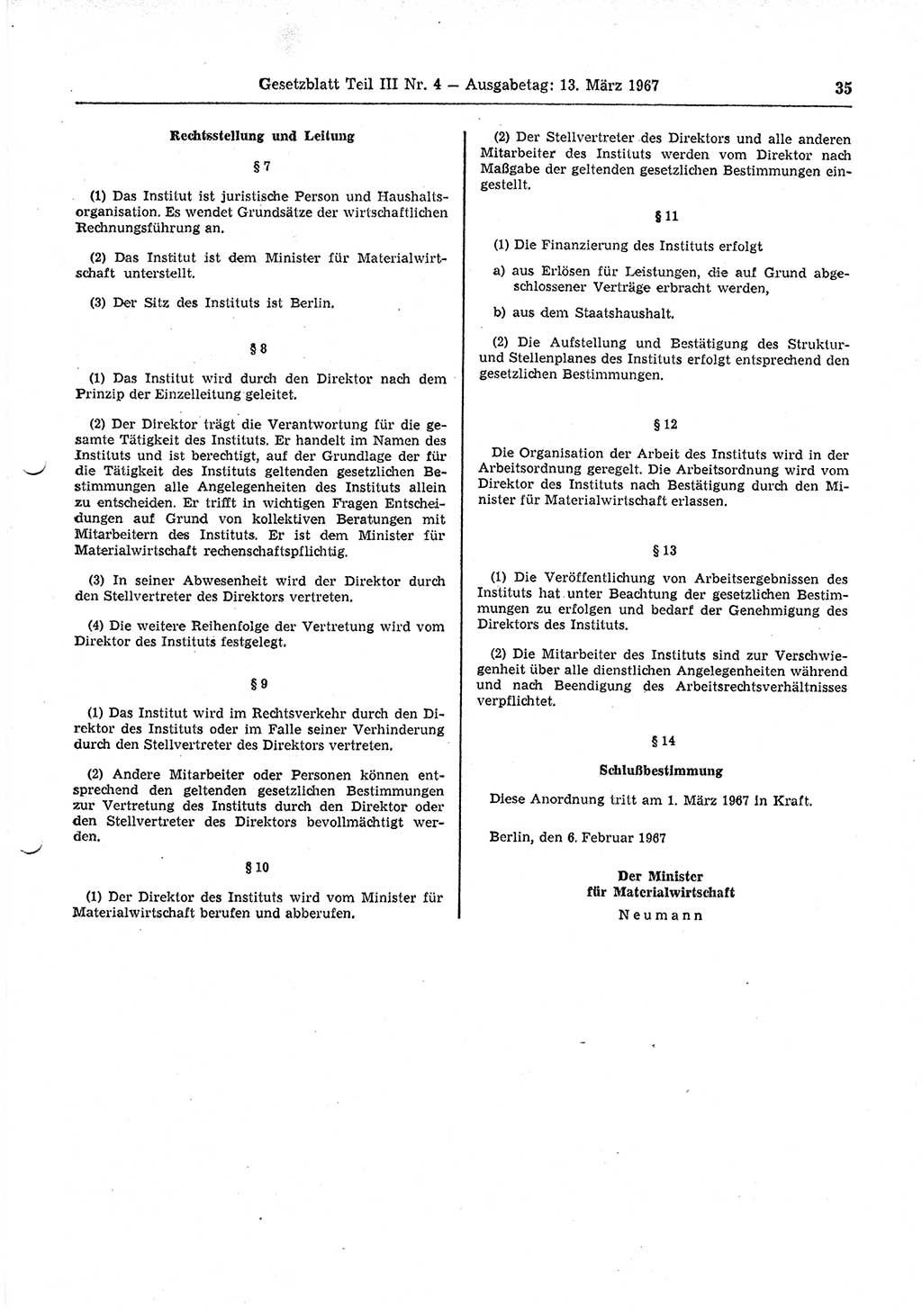 Gesetzblatt (GBl.) der Deutschen Demokratischen Republik (DDR) Teil ⅠⅠⅠ 1967, Seite 35 (GBl. DDR ⅠⅠⅠ 1967, S. 35)