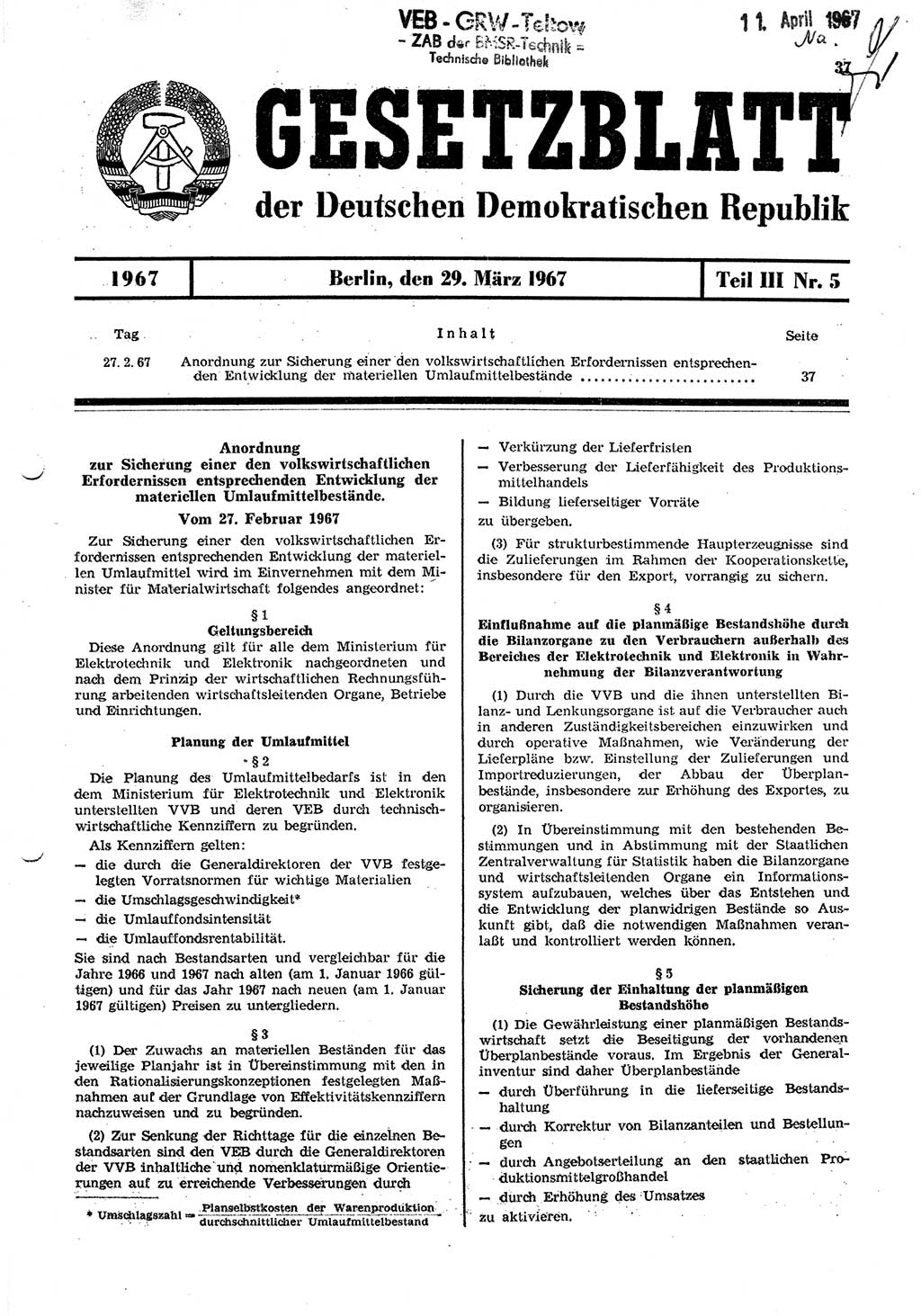 Gesetzblatt (GBl.) der Deutschen Demokratischen Republik (DDR) Teil ⅠⅠⅠ 1967, Seite 37 (GBl. DDR ⅠⅠⅠ 1967, S. 37)