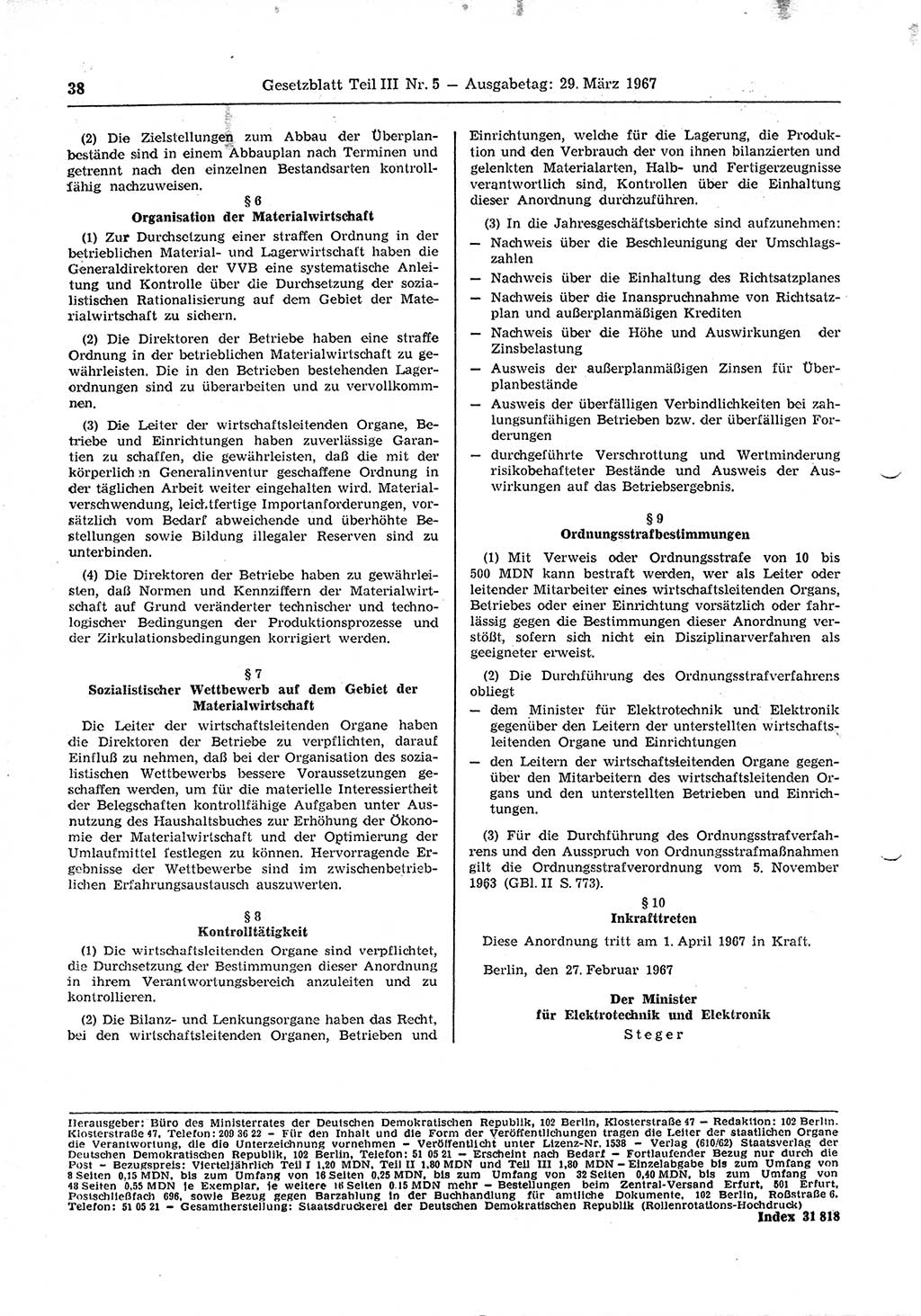 Gesetzblatt (GBl.) der Deutschen Demokratischen Republik (DDR) Teil ⅠⅠⅠ 1967, Seite 38 (GBl. DDR ⅠⅠⅠ 1967, S. 38)