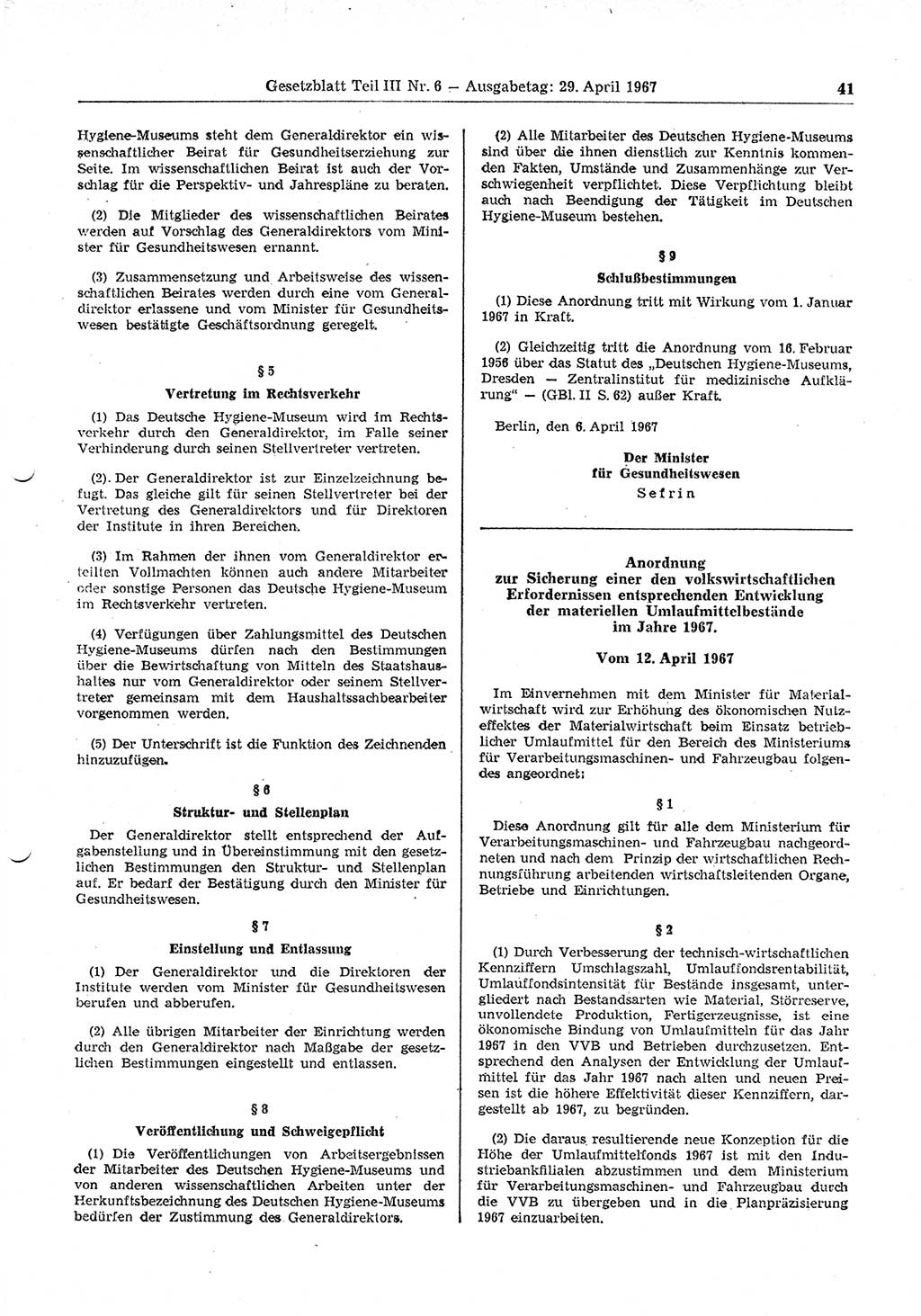 Gesetzblatt (GBl.) der Deutschen Demokratischen Republik (DDR) Teil ⅠⅠⅠ 1967, Seite 41 (GBl. DDR ⅠⅠⅠ 1967, S. 41)