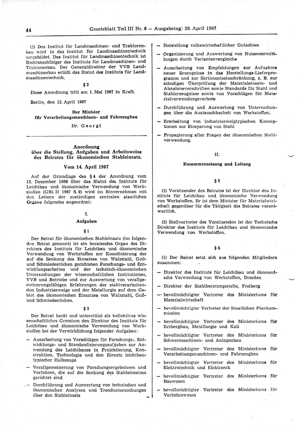 Gesetzblatt (GBl.) der Deutschen Demokratischen Republik (DDR) Teil ⅠⅠⅠ 1967, Seite 44 (GBl. DDR ⅠⅠⅠ 1967, S. 44)