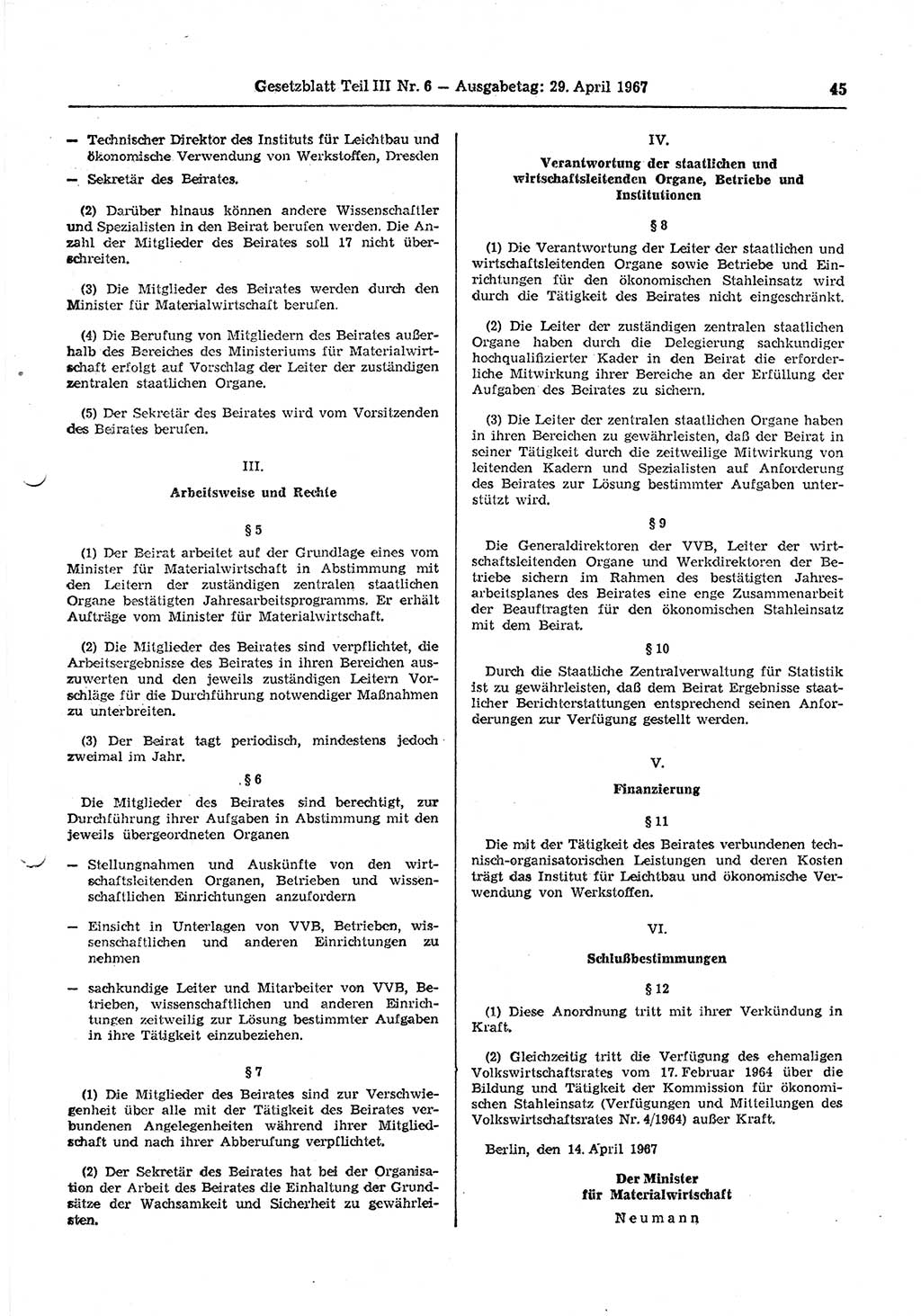 Gesetzblatt (GBl.) der Deutschen Demokratischen Republik (DDR) Teil ⅠⅠⅠ 1967, Seite 45 (GBl. DDR ⅠⅠⅠ 1967, S. 45)