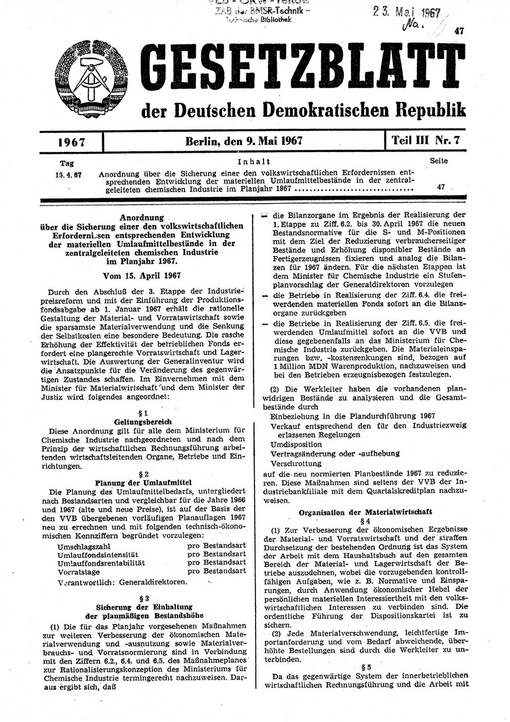 Gesetzblatt (GBl.) der Deutschen Demokratischen Republik (DDR) Teil ⅠⅠⅠ 1967, Seite 47 (GBl. DDR ⅠⅠⅠ 1967, S. 47)