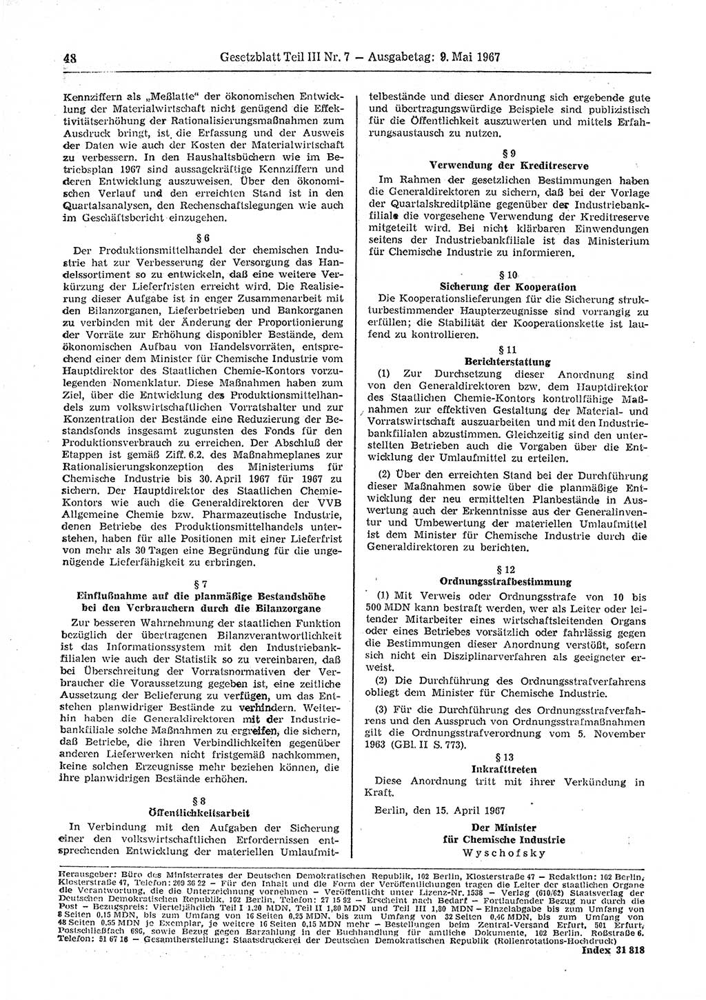 Gesetzblatt (GBl.) der Deutschen Demokratischen Republik (DDR) Teil ⅠⅠⅠ 1967, Seite 48 (GBl. DDR ⅠⅠⅠ 1967, S. 48)