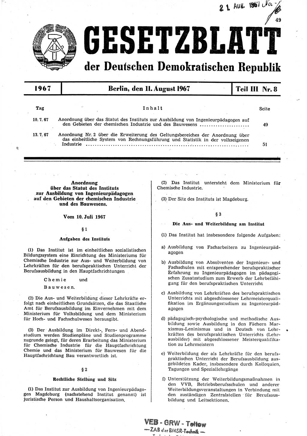 Gesetzblatt (GBl.) der Deutschen Demokratischen Republik (DDR) Teil ⅠⅠⅠ 1967, Seite 49 (GBl. DDR ⅠⅠⅠ 1967, S. 49)