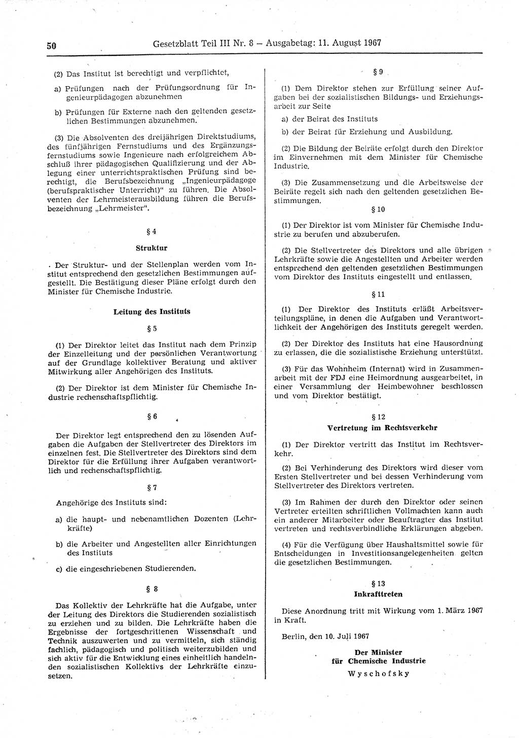 Gesetzblatt (GBl.) der Deutschen Demokratischen Republik (DDR) Teil ⅠⅠⅠ 1967, Seite 50 (GBl. DDR ⅠⅠⅠ 1967, S. 50)