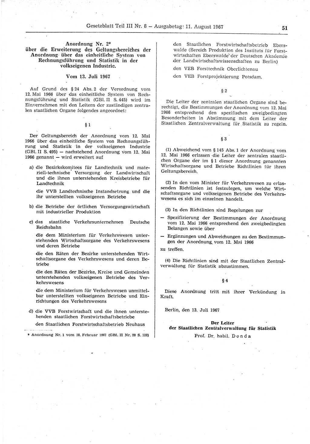 Gesetzblatt (GBl.) der Deutschen Demokratischen Republik (DDR) Teil ⅠⅠⅠ 1967, Seite 51 (GBl. DDR ⅠⅠⅠ 1967, S. 51)
