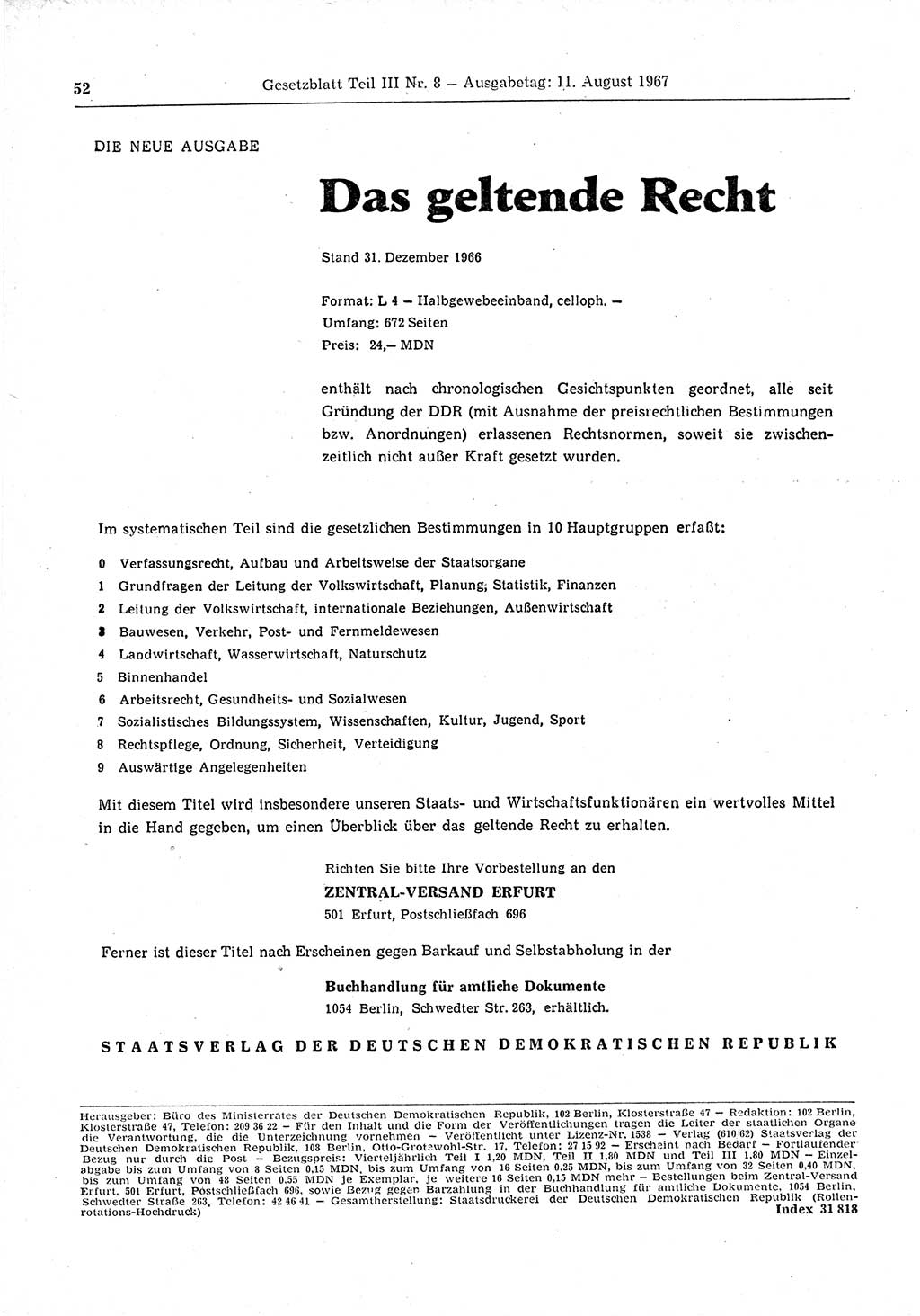Gesetzblatt (GBl.) der Deutschen Demokratischen Republik (DDR) Teil ⅠⅠⅠ 1967, Seite 52 (GBl. DDR ⅠⅠⅠ 1967, S. 52)