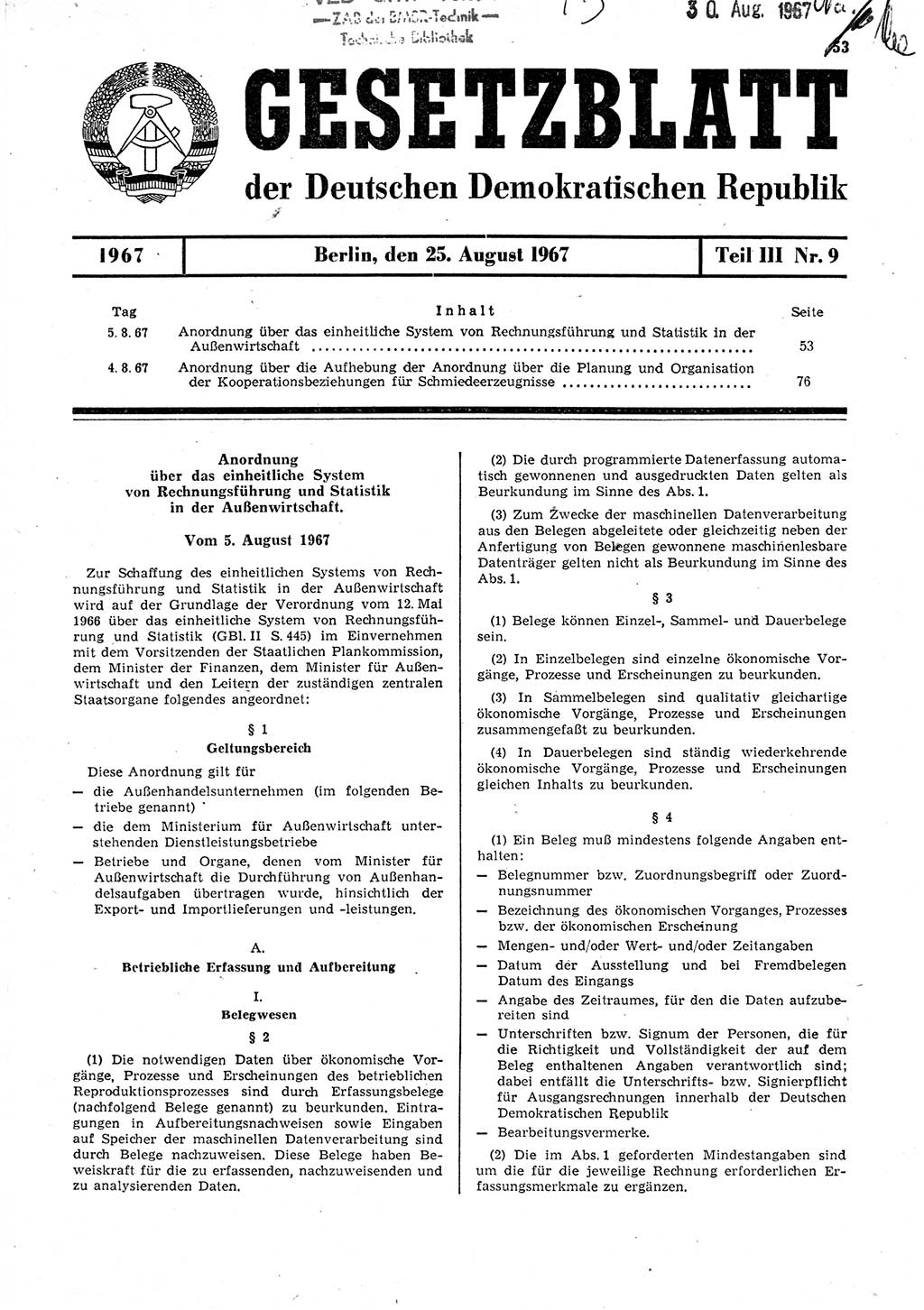 Gesetzblatt (GBl.) der Deutschen Demokratischen Republik (DDR) Teil ⅠⅠⅠ 1967, Seite 53 (GBl. DDR ⅠⅠⅠ 1967, S. 53)