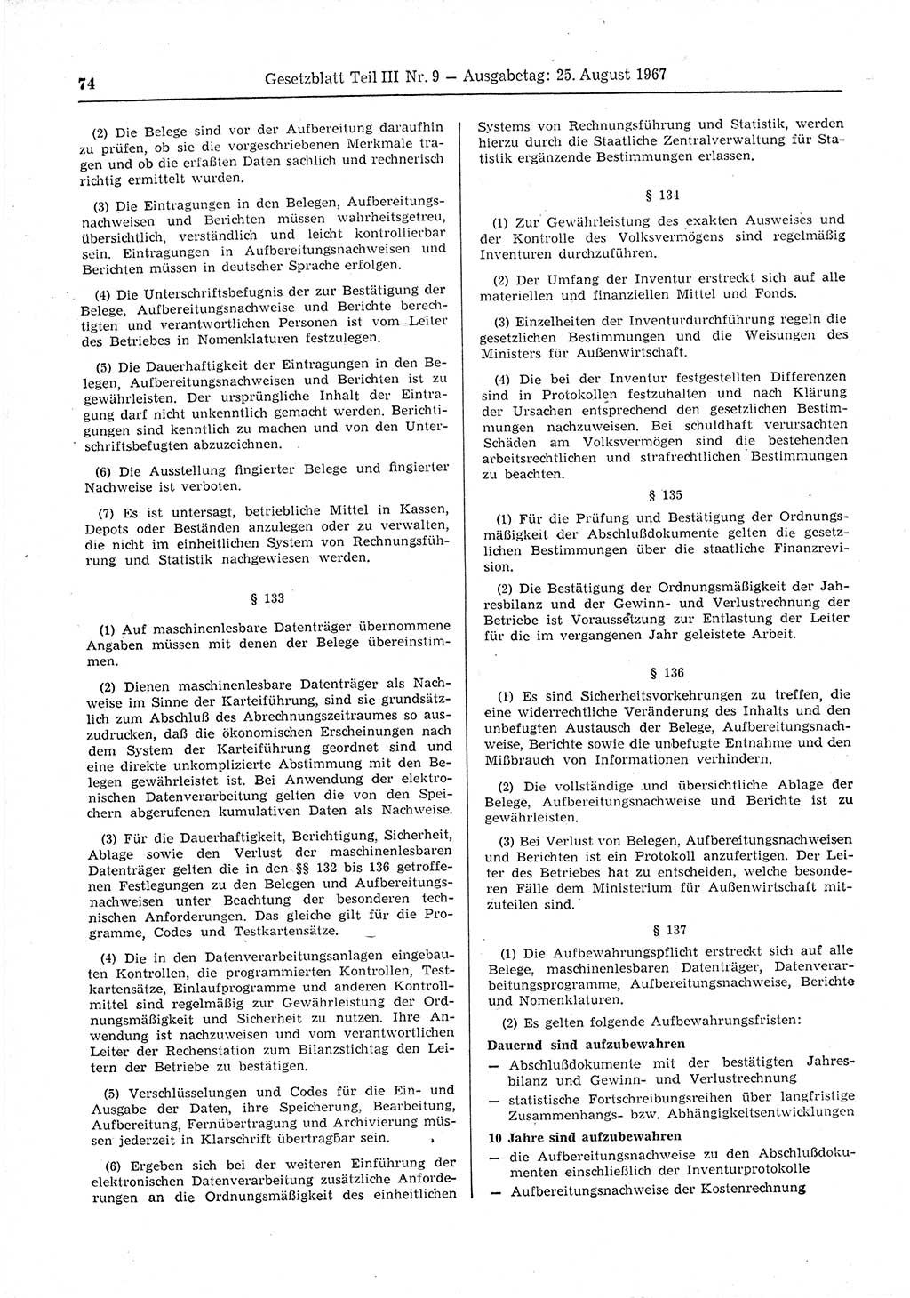 Gesetzblatt (GBl.) der Deutschen Demokratischen Republik (DDR) Teil ⅠⅠⅠ 1967, Seite 74 (GBl. DDR ⅠⅠⅠ 1967, S. 74)
