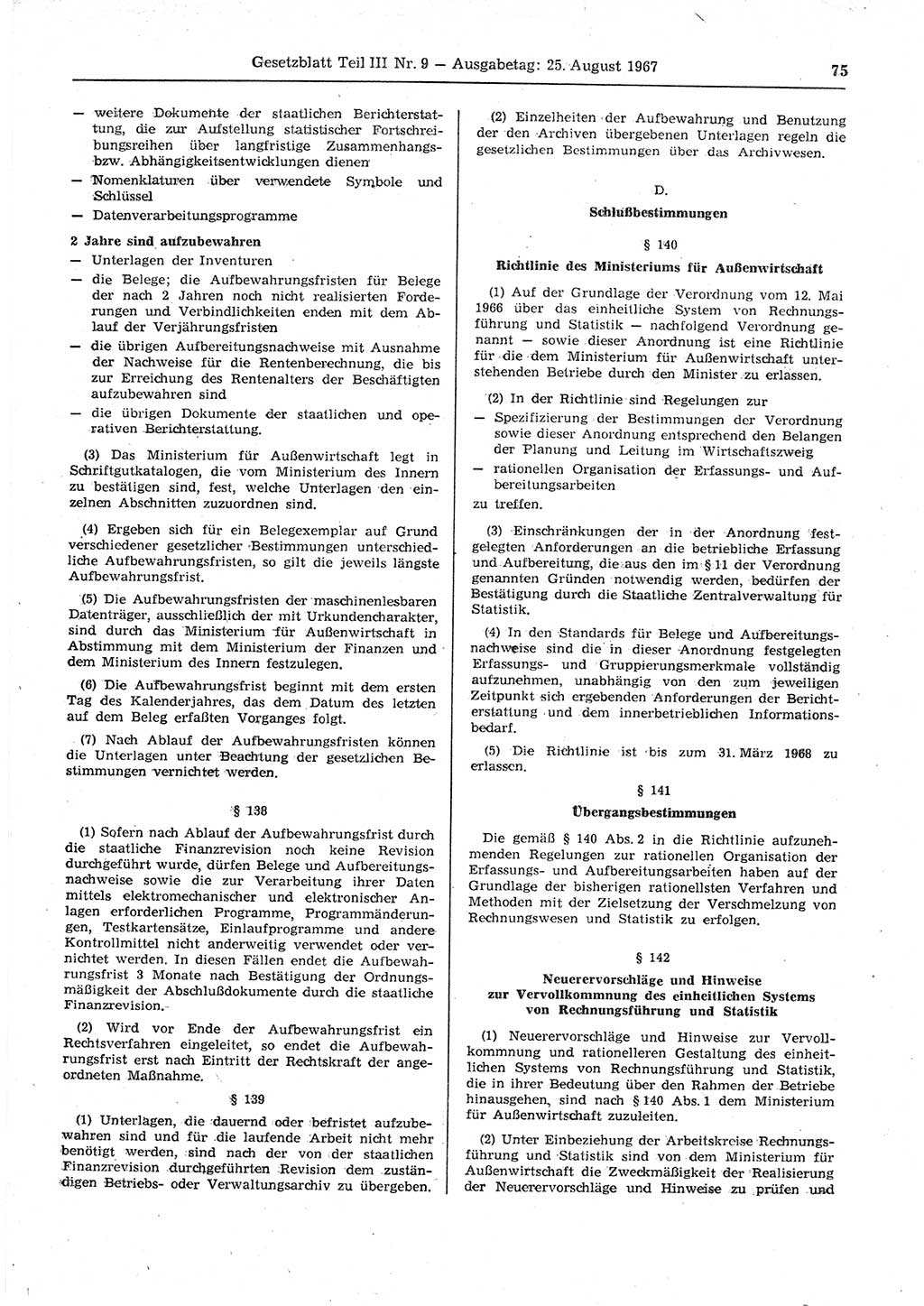 Gesetzblatt (GBl.) der Deutschen Demokratischen Republik (DDR) Teil ⅠⅠⅠ 1967, Seite 75 (GBl. DDR ⅠⅠⅠ 1967, S. 75)