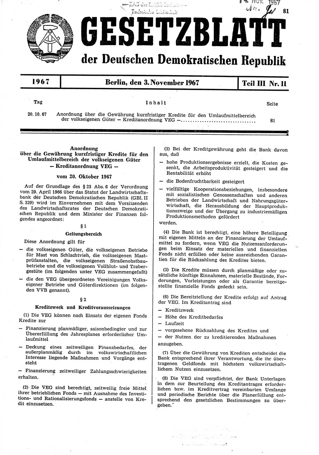 Gesetzblatt (GBl.) der Deutschen Demokratischen Republik (DDR) Teil ⅠⅠⅠ 1967, Seite 81 (GBl. DDR ⅠⅠⅠ 1967, S. 81)