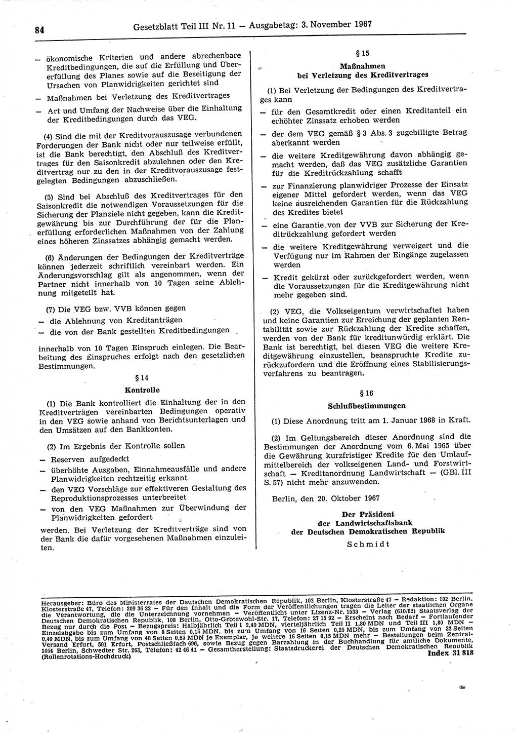 Gesetzblatt (GBl.) der Deutschen Demokratischen Republik (DDR) Teil ⅠⅠⅠ 1967, Seite 84 (GBl. DDR ⅠⅠⅠ 1967, S. 84)