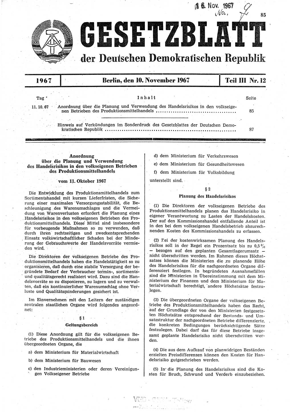 Gesetzblatt (GBl.) der Deutschen Demokratischen Republik (DDR) Teil ⅠⅠⅠ 1967, Seite 85 (GBl. DDR ⅠⅠⅠ 1967, S. 85)