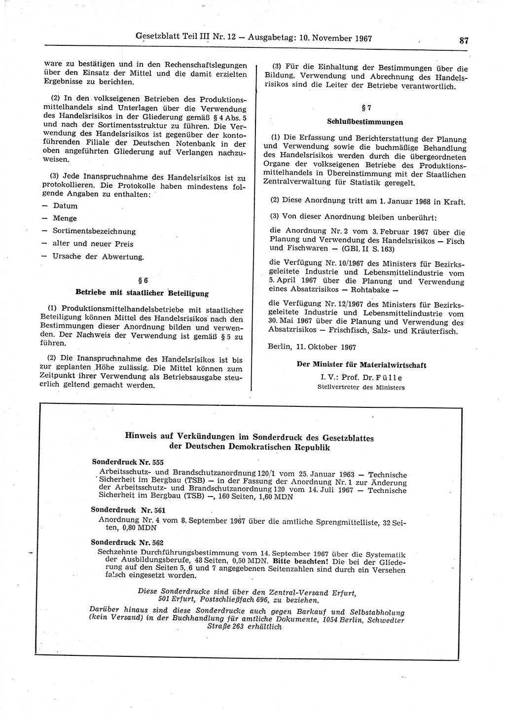 Gesetzblatt (GBl.) der Deutschen Demokratischen Republik (DDR) Teil ⅠⅠⅠ 1967, Seite 87 (GBl. DDR ⅠⅠⅠ 1967, S. 87)