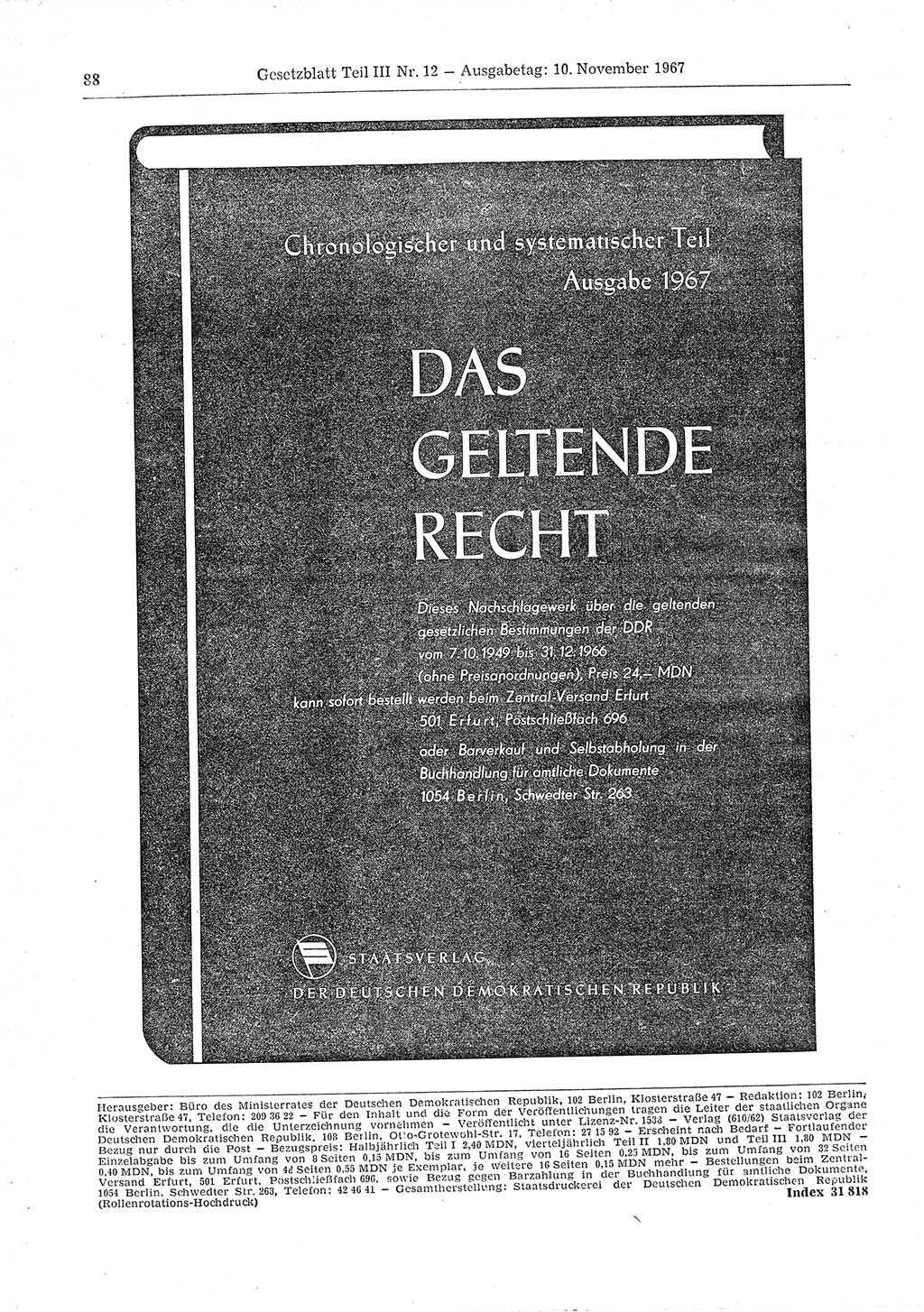 Gesetzblatt (GBl.) der Deutschen Demokratischen Republik (DDR) Teil ⅠⅠⅠ 1967, Seite 88 (GBl. DDR ⅠⅠⅠ 1967, S. 88)