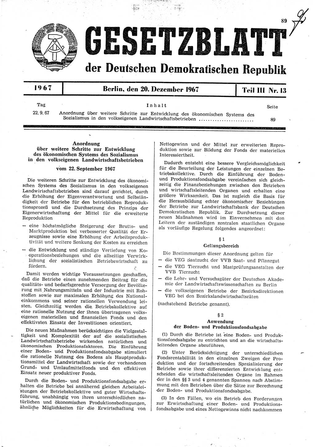 Gesetzblatt (GBl.) der Deutschen Demokratischen Republik (DDR) Teil ⅠⅠⅠ 1967, Seite 89 (GBl. DDR ⅠⅠⅠ 1967, S. 89)