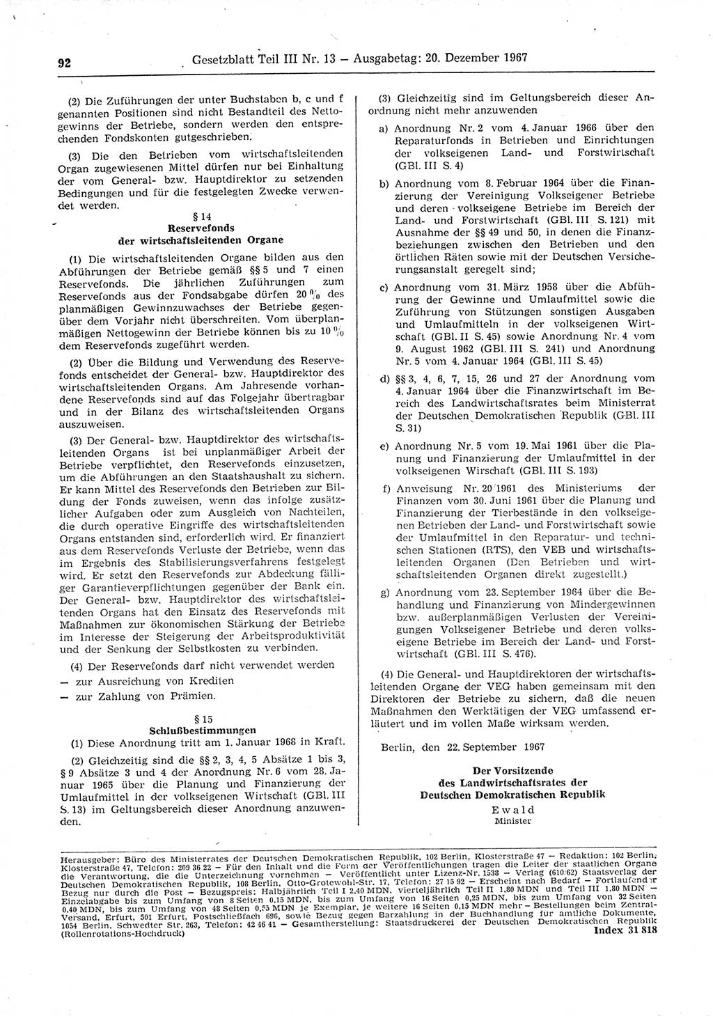 Gesetzblatt (GBl.) der Deutschen Demokratischen Republik (DDR) Teil ⅠⅠⅠ 1967, Seite 92 (GBl. DDR ⅠⅠⅠ 1967, S. 92)