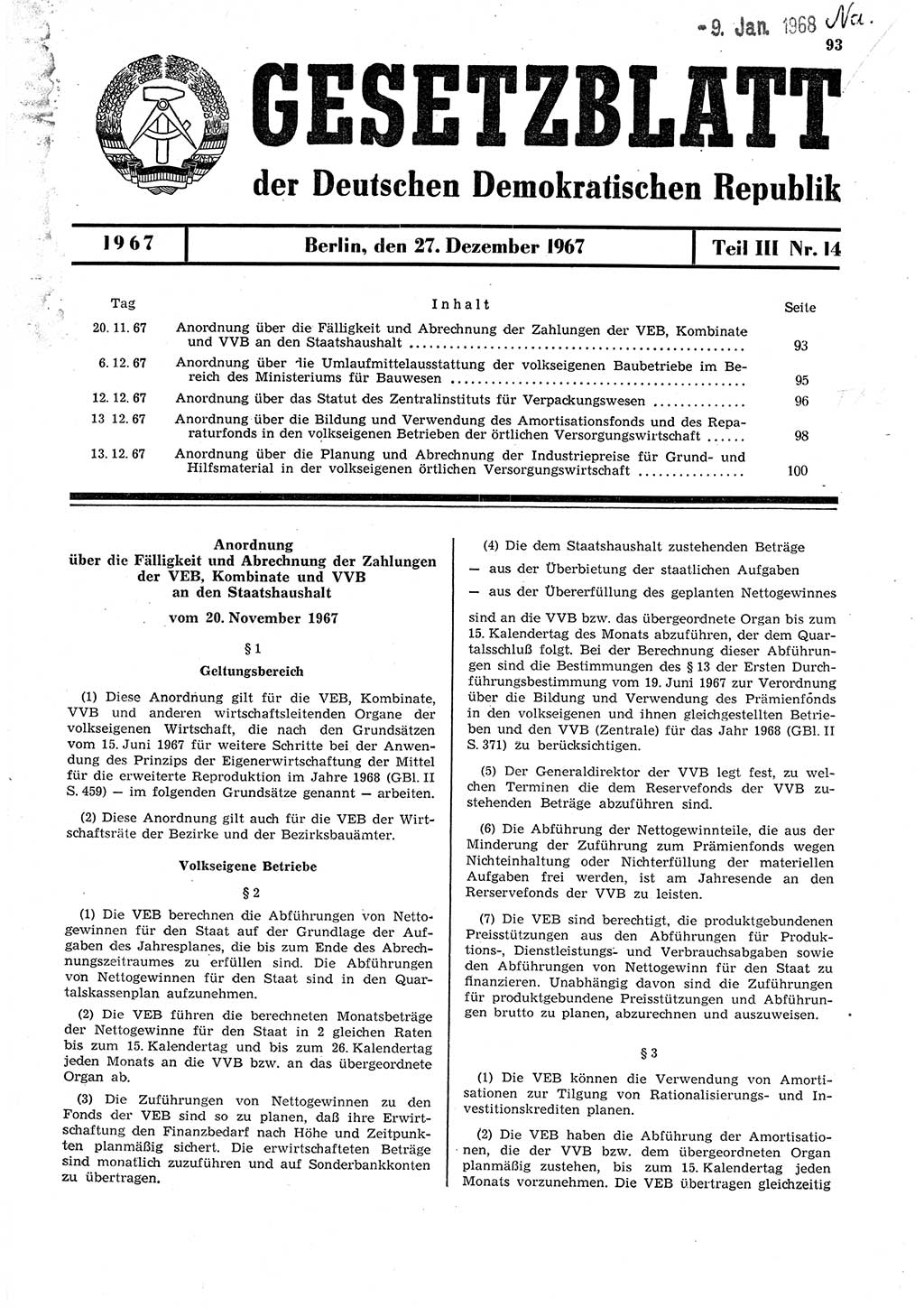 Gesetzblatt (GBl.) der Deutschen Demokratischen Republik (DDR) Teil ⅠⅠⅠ 1967, Seite 93 (GBl. DDR ⅠⅠⅠ 1967, S. 93)