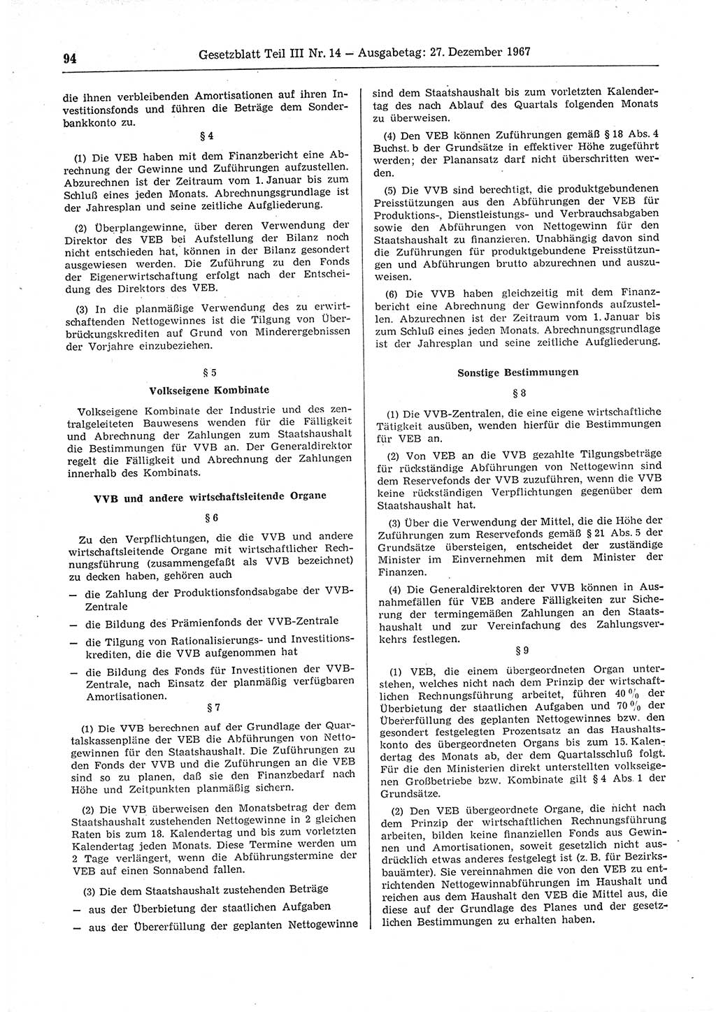 Gesetzblatt (GBl.) der Deutschen Demokratischen Republik (DDR) Teil ⅠⅠⅠ 1967, Seite 94 (GBl. DDR ⅠⅠⅠ 1967, S. 94)