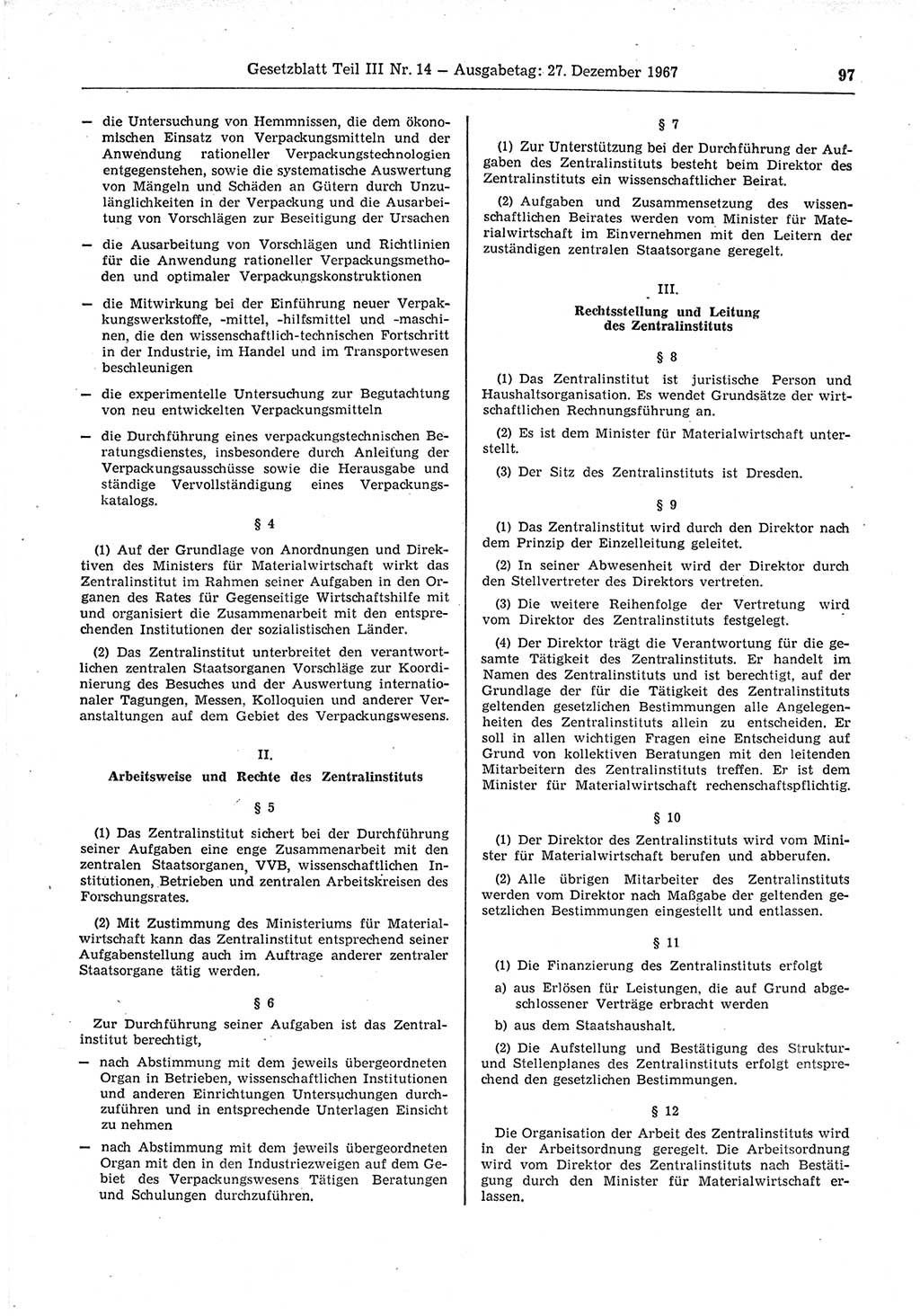 Gesetzblatt (GBl.) der Deutschen Demokratischen Republik (DDR) Teil ⅠⅠⅠ 1967, Seite 97 (GBl. DDR ⅠⅠⅠ 1967, S. 97)