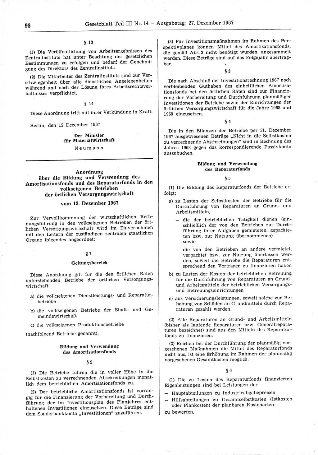 Gesetzblatt (GBl.) der Deutschen Demokratischen Republik (DDR) Teil ⅠⅠⅠ 1967, Seite 98 (GBl. DDR ⅠⅠⅠ 1967, S. 98)