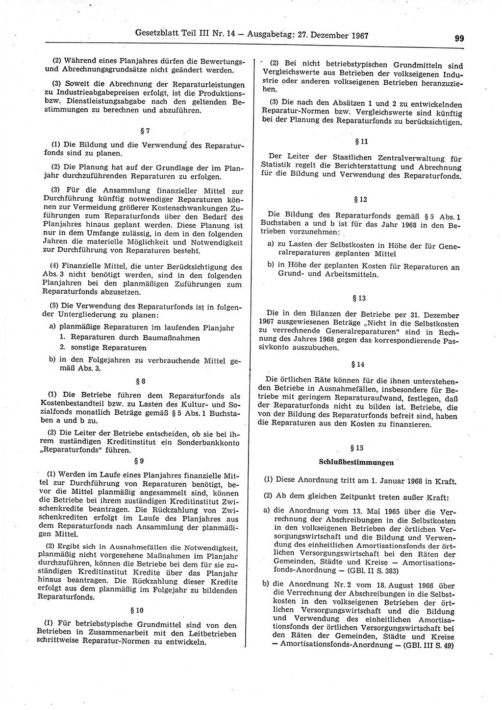 Gesetzblatt (GBl.) der Deutschen Demokratischen Republik (DDR) Teil ⅠⅠⅠ 1967, Seite 99 (GBl. DDR ⅠⅠⅠ 1967, S. 99)