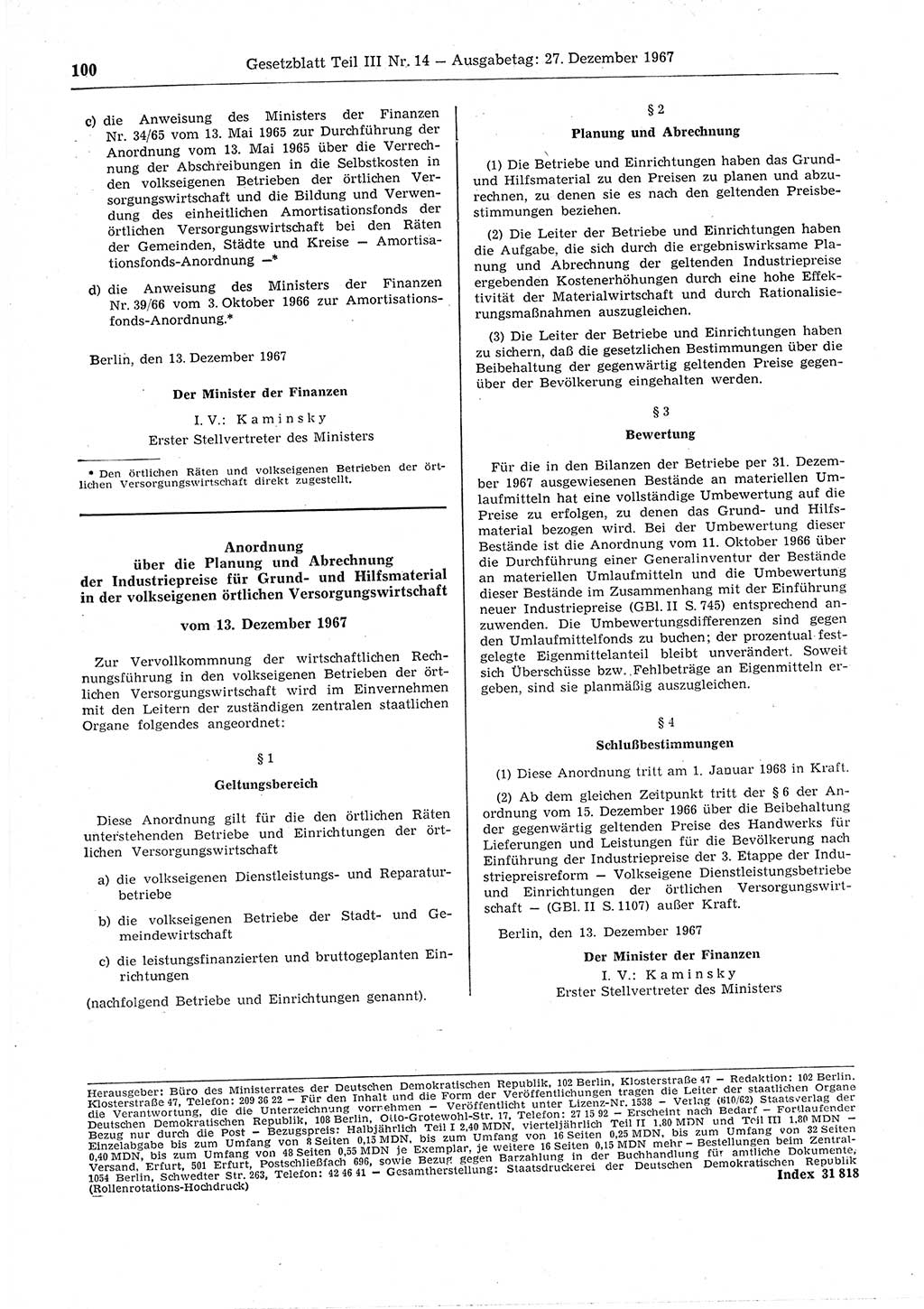 Gesetzblatt (GBl.) der Deutschen Demokratischen Republik (DDR) Teil ⅠⅠⅠ 1967, Seite 100 (GBl. DDR ⅠⅠⅠ 1967, S. 100)