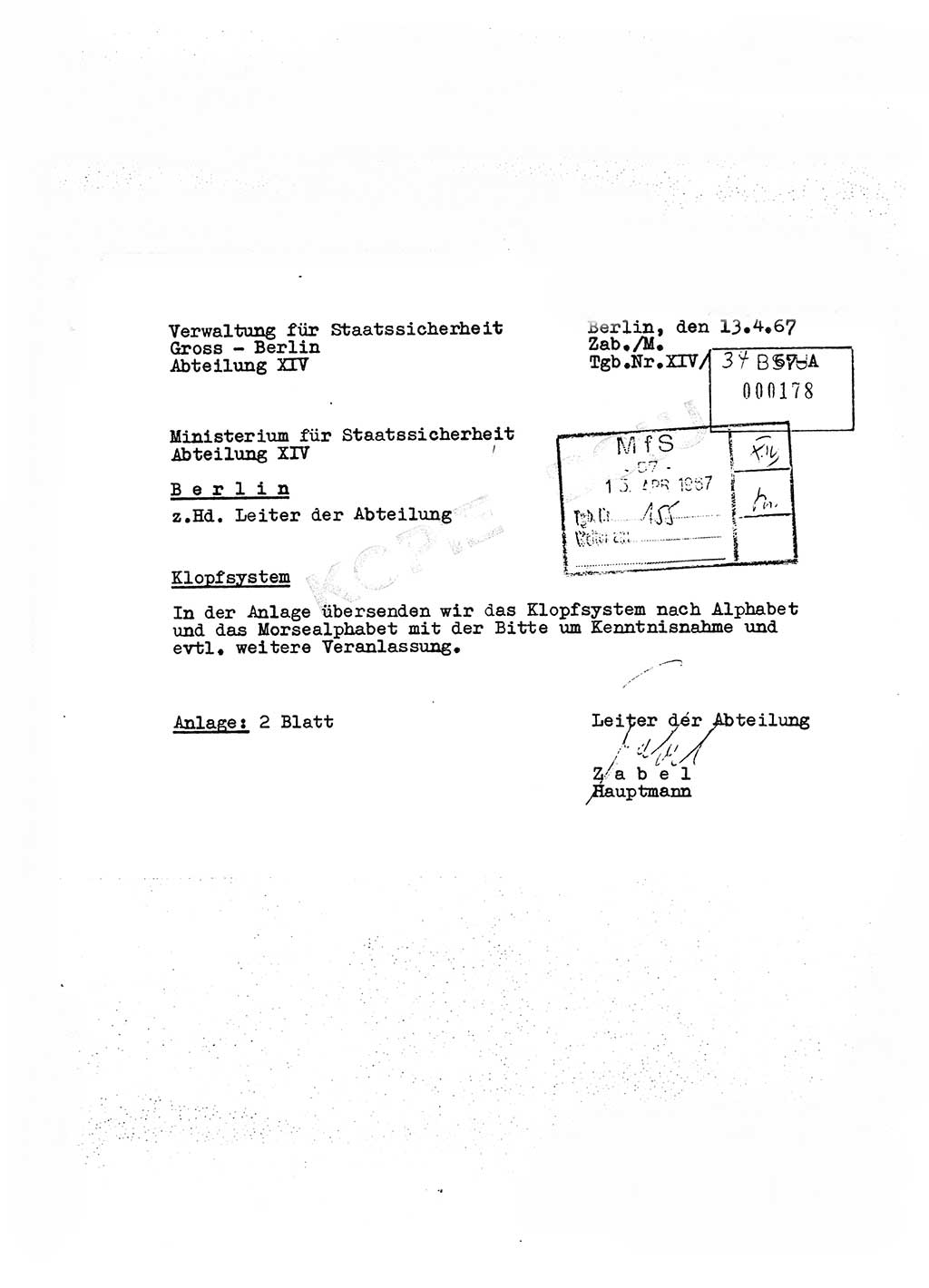 Klopfsystem nach Alphabet und das Morsealphabet, Ministerium für Staatssicherheit (MfS), Deutsche Demokratische Republik (DDR), Abteilung (Abt.) ⅩⅣ, Berlin 1967, Seite 0 (Klopfsys. MfS DDR Abt. ⅩⅣ /67 1967, S. 0)