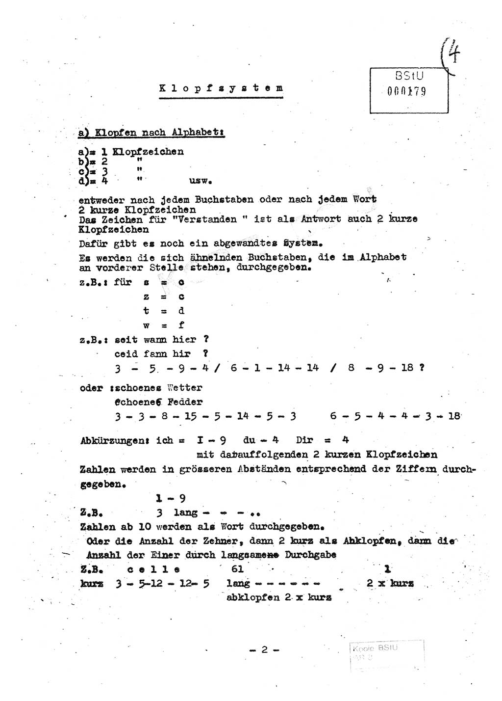 Klopfsystem nach Alphabet und das Morsealphabet, Ministerium für Staatssicherheit (MfS), Deutsche Demokratische Republik (DDR), Abteilung (Abt.) ⅩⅣ, Berlin 1967, Seite 1 (Klopfsys. MfS DDR Abt. ⅩⅣ /67 1967, S. 1)