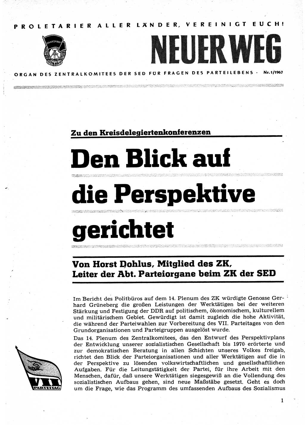 Neuer Weg (NW), Organ des Zentralkomitees (ZK) der SED (Sozialistische Einheitspartei Deutschlands) für Fragen des Parteilebens, 22. Jahrgang [Deutsche Demokratische Republik (DDR)] 1967, Seite 1 (NW ZK SED DDR 1967, S. 1)