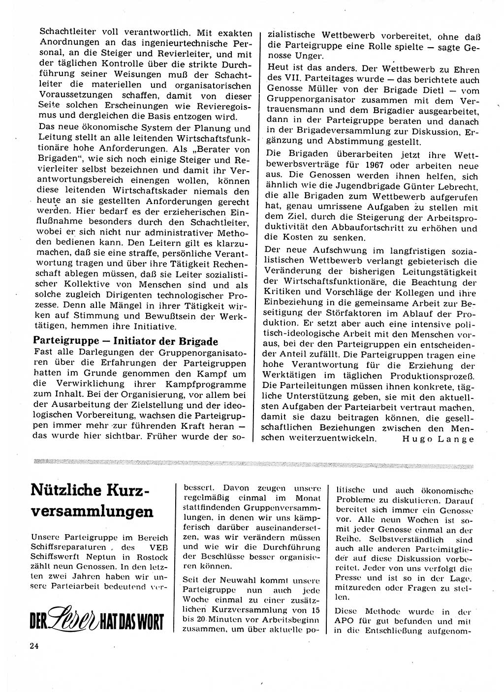 Neuer Weg (NW), Organ des Zentralkomitees (ZK) der SED (Sozialistische Einheitspartei Deutschlands) für Fragen des Parteilebens, 22. Jahrgang [Deutsche Demokratische Republik (DDR)] 1967, Seite 24 (NW ZK SED DDR 1967, S. 24)