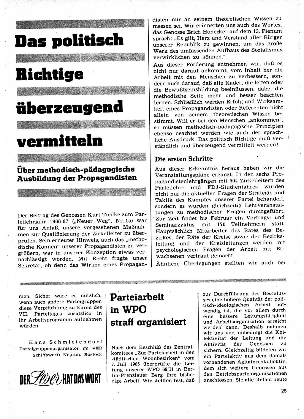 Neuer Weg (NW), Organ des Zentralkomitees (ZK) der SED (Sozialistische Einheitspartei Deutschlands) für Fragen des Parteilebens, 22. Jahrgang [Deutsche Demokratische Republik (DDR)] 1967, Seite 25 (NW ZK SED DDR 1967, S. 25)