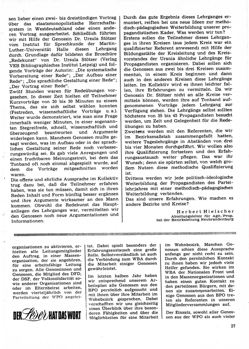 Neuer Weg (NW), Organ des Zentralkomitees (ZK) der SED (Sozialistische Einheitspartei Deutschlands) für Fragen des Parteilebens, 22. Jahrgang [Deutsche Demokratische Republik (DDR)] 1967, Seite 27 (NW ZK SED DDR 1967, S. 27)