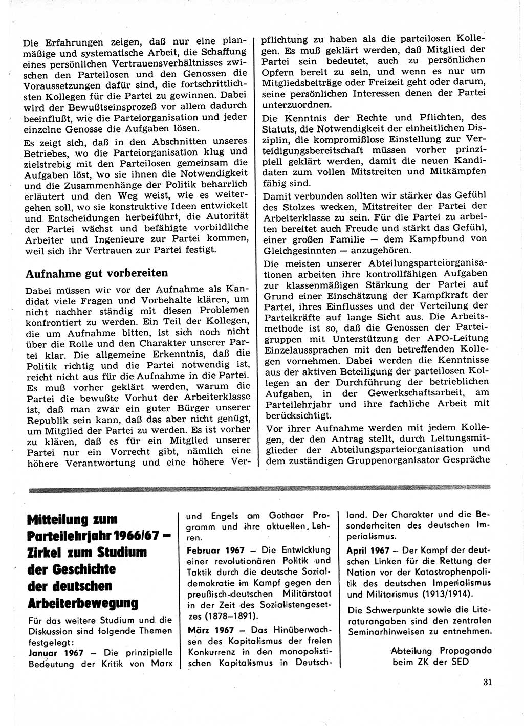 Neuer Weg (NW), Organ des Zentralkomitees (ZK) der SED (Sozialistische Einheitspartei Deutschlands) für Fragen des Parteilebens, 22. Jahrgang [Deutsche Demokratische Republik (DDR)] 1967, Seite 31 (NW ZK SED DDR 1967, S. 31)