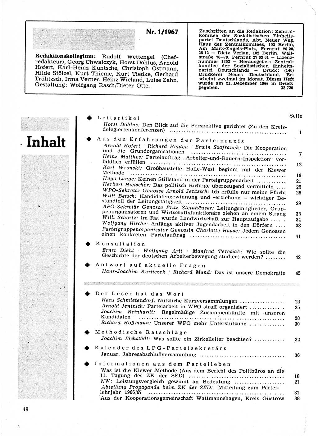 Neuer Weg (NW), Organ des Zentralkomitees (ZK) der SED (Sozialistische Einheitspartei Deutschlands) für Fragen des Parteilebens, 22. Jahrgang [Deutsche Demokratische Republik (DDR)] 1967, Seite 48 (NW ZK SED DDR 1967, S. 48)