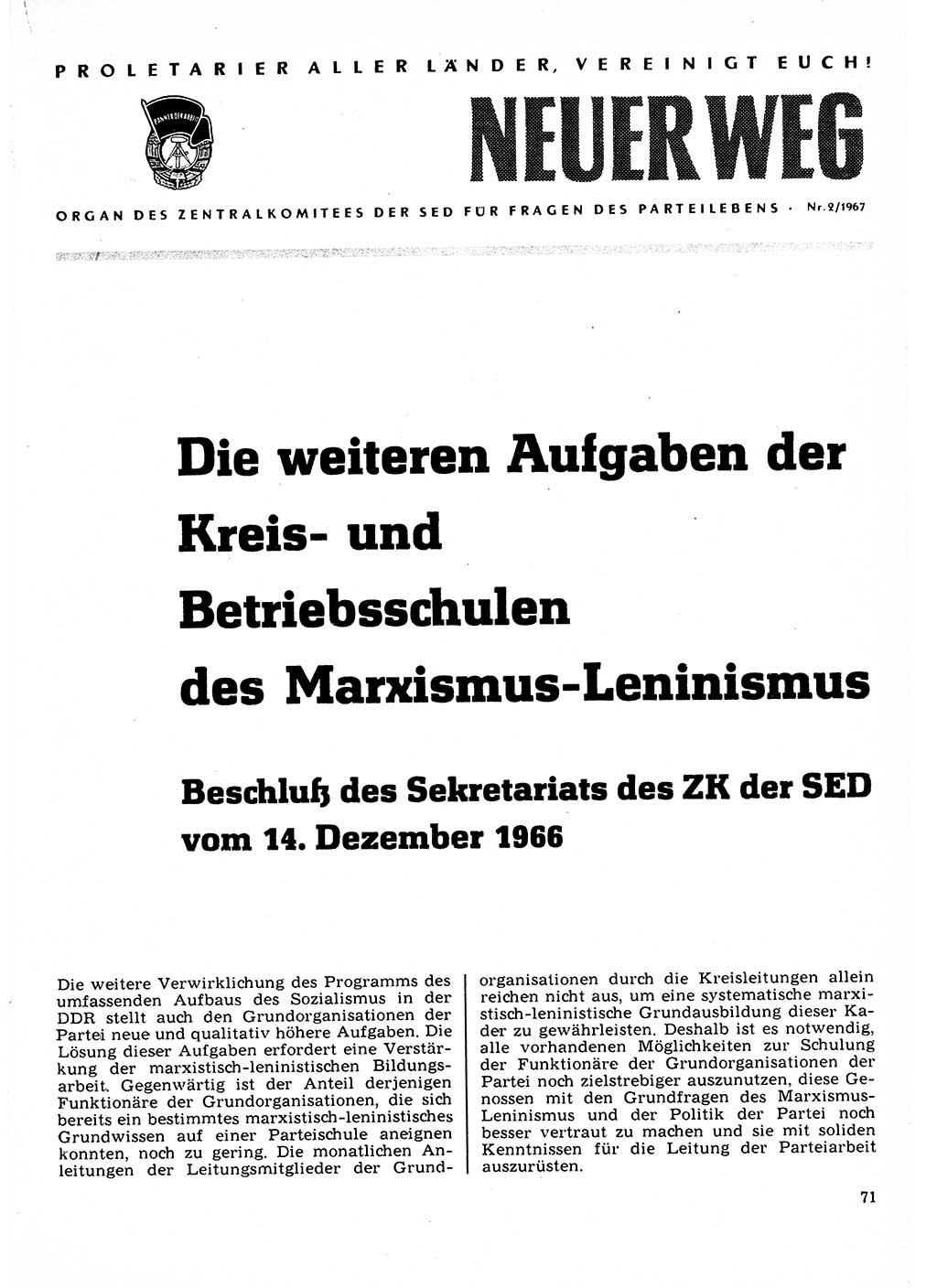 Neuer Weg (NW), Organ des Zentralkomitees (ZK) der SED (Sozialistische Einheitspartei Deutschlands) für Fragen des Parteilebens, 22. Jahrgang [Deutsche Demokratische Republik (DDR)] 1967, Seite 71 (NW ZK SED DDR 1967, S. 71)