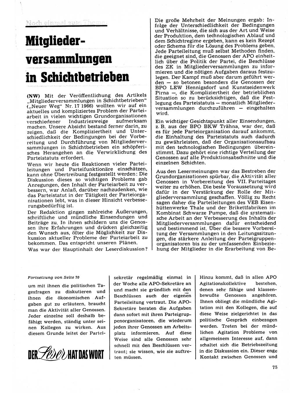 Neuer Weg (NW), Organ des Zentralkomitees (ZK) der SED (Sozialistische Einheitspartei Deutschlands) für Fragen des Parteilebens, 22. Jahrgang [Deutsche Demokratische Republik (DDR)] 1967, Seite 75 (NW ZK SED DDR 1967, S. 75)