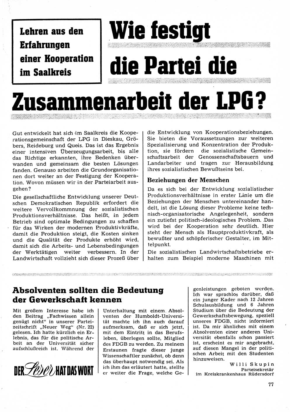 Neuer Weg (NW), Organ des Zentralkomitees (ZK) der SED (Sozialistische Einheitspartei Deutschlands) für Fragen des Parteilebens, 22. Jahrgang [Deutsche Demokratische Republik (DDR)] 1967, Seite 77 (NW ZK SED DDR 1967, S. 77)