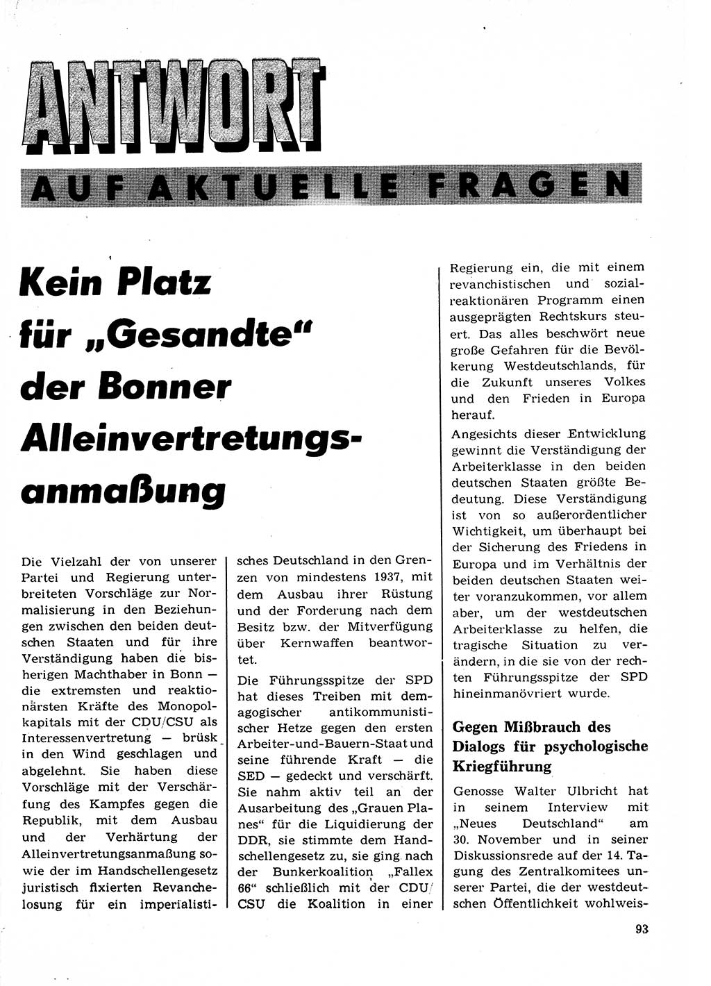 Neuer Weg (NW), Organ des Zentralkomitees (ZK) der SED (Sozialistische Einheitspartei Deutschlands) fÃ¼r Fragen des Parteilebens, 22. Jahrgang [Deutsche Demokratische Republik (DDR)] 1967, Seite 93 (NW ZK SED DDR 1967, S. 93)