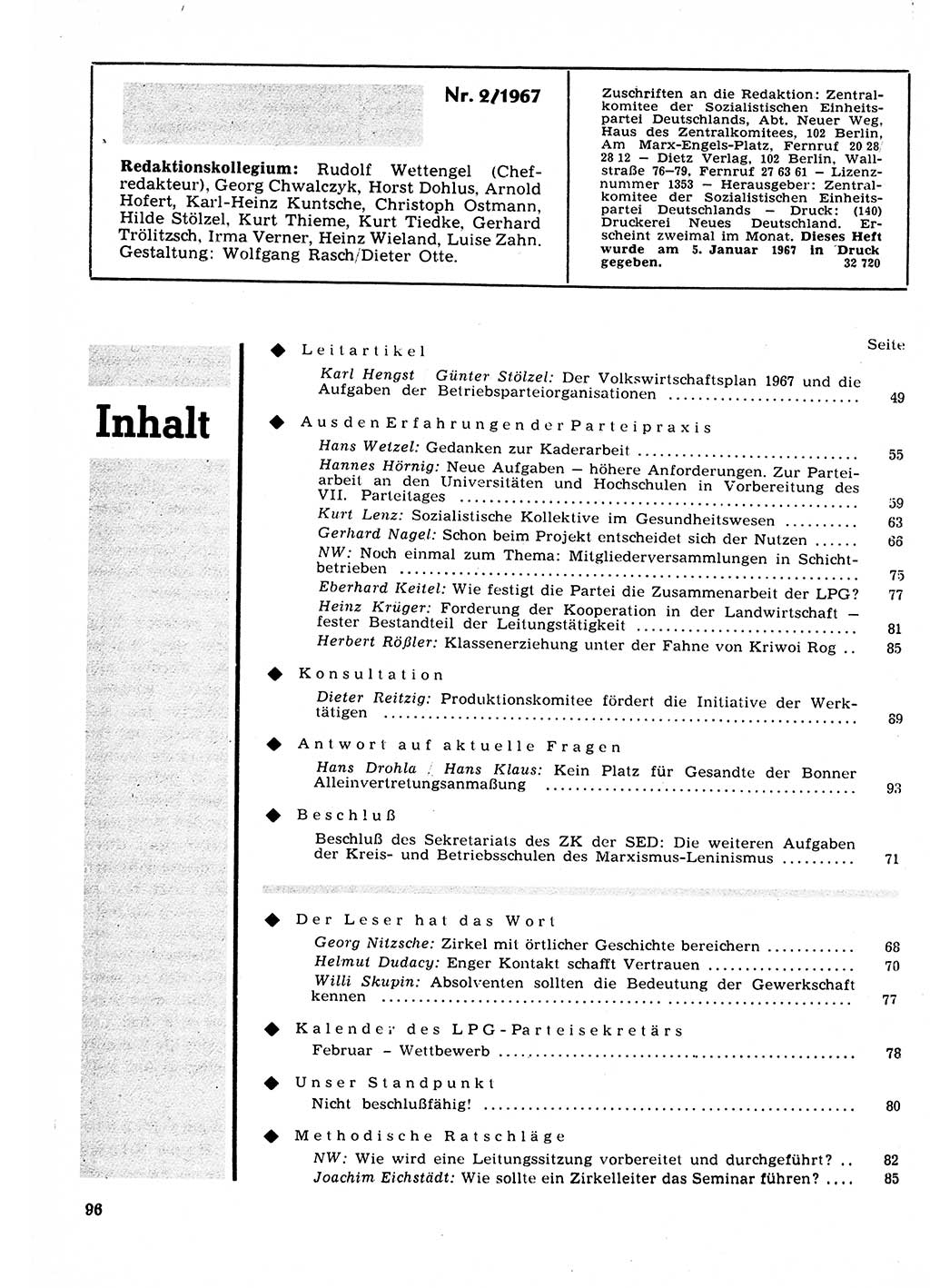 Neuer Weg (NW), Organ des Zentralkomitees (ZK) der SED (Sozialistische Einheitspartei Deutschlands) für Fragen des Parteilebens, 22. Jahrgang [Deutsche Demokratische Republik (DDR)] 1967, Seite 96 (NW ZK SED DDR 1967, S. 96)